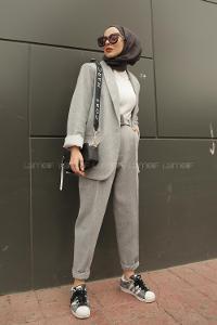 Modalamelif Kemerli Ceket İkili Takım Açık Gri