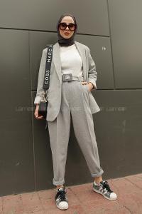 Modalamelif Kemerli Ceket İkili Takım Açık Gri