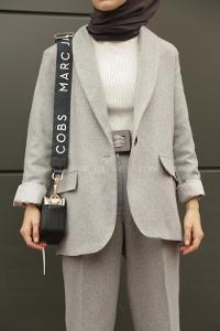 Modalamelif Kemerli Ceket İkili Takım Açık Gri