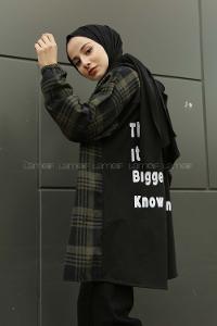 Modalamelif Arkası Yazı Baskılı Kapşonlu Ekose Tunik Haki