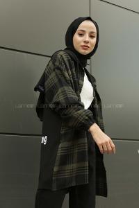 Modalamelif Arkası Yazı Baskılı Kapşonlu Ekose Tunik Haki