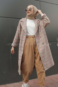 Modalamelif  Çift Cepli Önü Düğmeli  Ekose Kaban Haki Bej