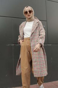 Modalamelif  Çift Cepli Önü Düğmeli  Ekose Kaban Haki Bej