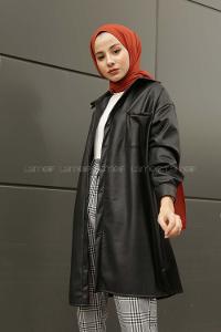 Modalamelif Düğmeli Deri Gömlek Siyah