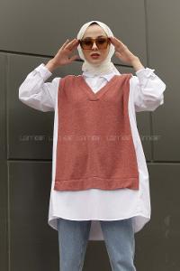 Modalamelif Gömlek Yaka Triko Tunik Gül