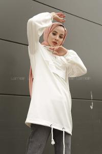 Modalamelif Kanguru Cepli Yaka Fermuarlı Charlott  Sweat Beyaz