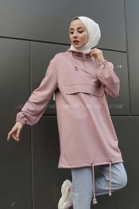 Modalamelif Kanguru Cepli Yaka Fermuarlı Charlott  Sweat Pudra