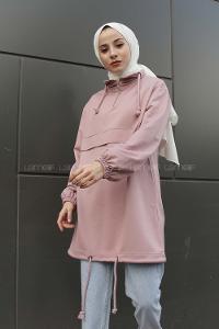 Modalamelif Kanguru Cepli Yaka Fermuarlı Charlott  Sweat Pudra