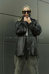 Modalamelif Kapşonlu Fermuarlı Deri Trenç Siyah