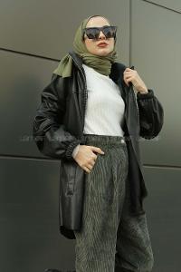 Modalamelif Kapşonlu Fermuarlı Deri Trenç Siyah