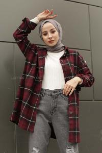 Modalamelif  Önü Düğmeli Oduncu Gömleği Bordo Siyah