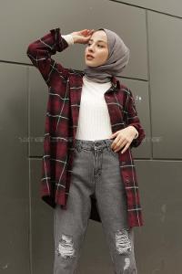 Modalamelif  Önü Düğmeli Oduncu Gömleği Bordo Siyah