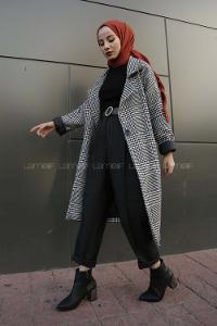 Modalamelif Düşük Kol Ekose Desen Kaban Beyaz Siyah