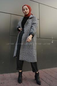 Modalamelif Düşük Kol Ekose Desen Kaban Beyaz Siyah