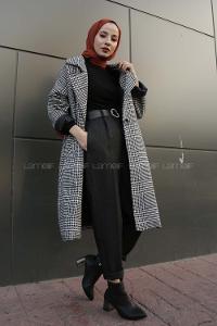 Modalamelif Düşük Kol Ekose Desen Kaban Beyaz Siyah