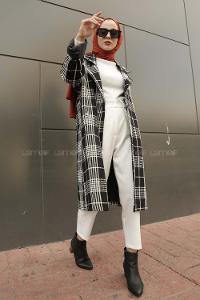 Modalamelif Düşük Kol Ekose Desen Kaban Siyah