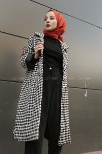 Modalamelif Düşük Kol Kazayağı Desen Kaban Siyah Beyaz