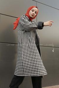 Modalamelif Düşük Kol Kazayağı Desen Kaban Siyah Beyaz