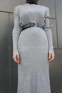 Modalamelif Fitilli Uzun Triko Elbise Gri