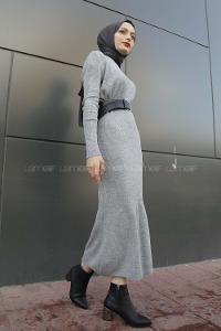 Modalamelif Fitilli Uzun Triko Elbise Gri