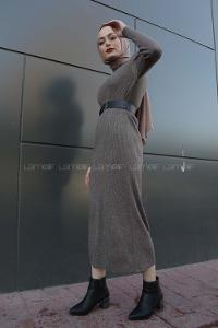 Modalamelif Fitilli Uzun Triko Elbise Vizonrengi