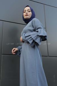 Modalamelif Kolları Fırfırlı Triko Elbise Açık Mavi