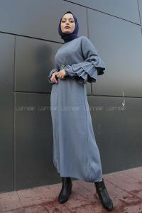 Modalamelif Kolları Fırfırlı Triko Elbise Açık Mavi