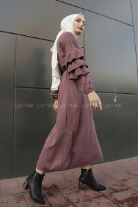 Modalamelif Kolları Fırfırlı Triko Elbise Gül Kurusu