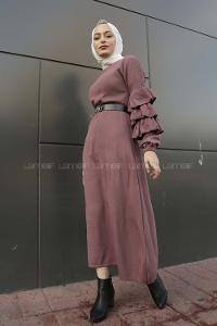 Modalamelif Kolları Fırfırlı Triko Elbise Gül Kurusu