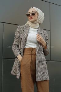 Modalamelif Önü Düğmeli  Havana Kruvaze Ceket Sütlü Kahve