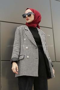 Modalamelif Önü Düğmeli  Kazayağı Desen Kruvaze Ceket Siyah Beyaz