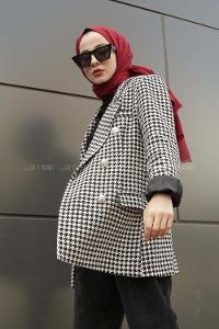 Modalamelif Önü Düğmeli  Kazayağı Desen Kruvaze Ceket Siyah Beyaz