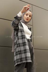 Modalamelif  Önü Düğmeli Oduncu Gömleği Gri Beyaz