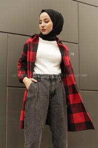 Modalamelif Tek Cep Detaylı Ekose Gömlek  Kırmızı Siyah