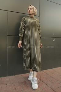 Modalamelif Yarasakol Çizgili  Çift Cepli Triko Elbise Haki