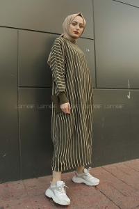 Modalamelif Yarasakol Çizgili  Çift Cepli Triko Elbise Haki