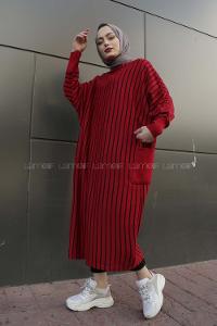 Modalamelif Yarasakol Çizgili  Çift Cepli Triko Elbise Kırmızı