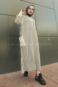 Modalamelif Yarasakol Çizgili  Çift Cepli Triko Elbise Kum Beji