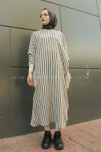 Modalamelif Yarasakol Çizgili  Çift Cepli Triko Elbise Kum Beji