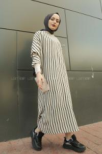 Modalamelif Yarasakol Çizgili  Çift Cepli Triko Elbise Kum Beji