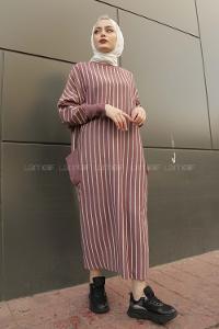 Modalamelif Yarasakol Çizgili  Çift Cepli Triko Elbise Mor