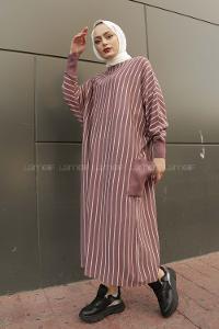 Modalamelif Yarasakol Çizgili  Çift Cepli Triko Elbise Mor