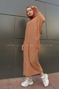 Modalamelif Yarasakol Çizgili  Çift Cepli Triko Elbise Taba