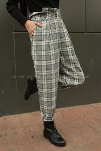 Modalamelif Beli Fırfırlı Düğme Detaylı Kareli Ekose Pantolon Gri