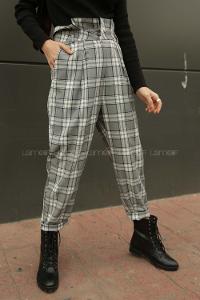 Modalamelif Beli Fırfırlı Düğme Detaylı Kareli Ekose Pantolon Gri