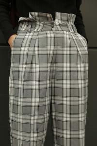 Modalamelif Beli Fırfırlı Düğme Detaylı Kareli Ekose Pantolon Gri