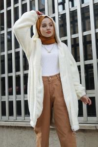 Modalamelif Kapşonlu Peluş Mont Ekru