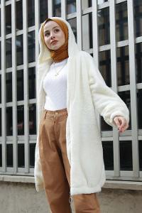 Modalamelif Kapşonlu Peluş Mont Ekru