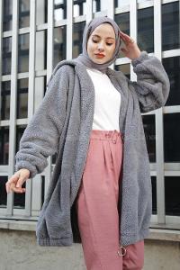 Modalamelif Kapşonlu Peluş Mont Gri