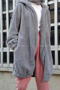 Modalamelif Kapşonlu Peluş Mont Gri